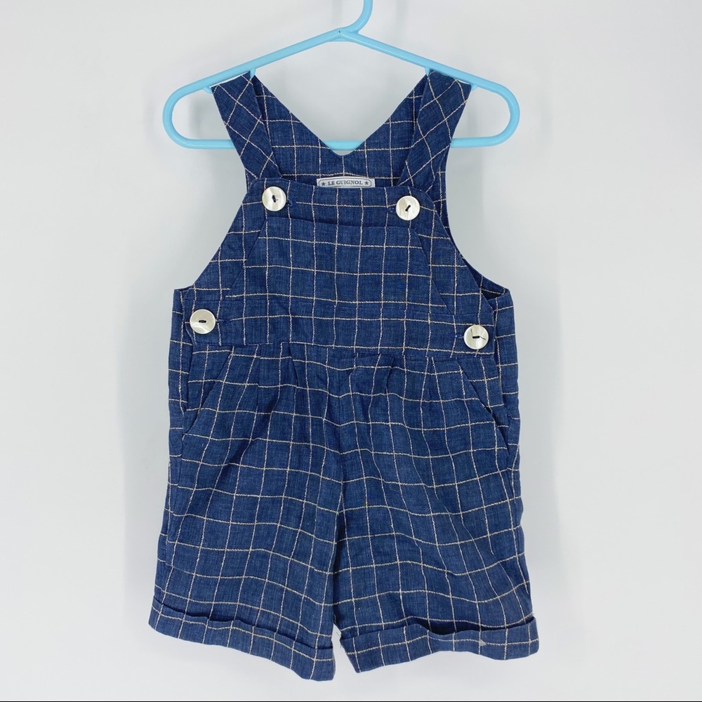 Le Guignol Linen Navy Blue Shortalls Checkered Italian